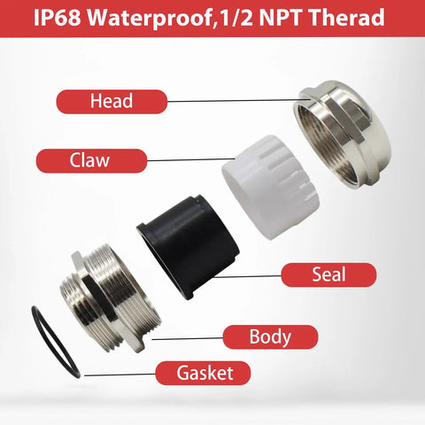 Exploded view of Beefy Copper Cable Glands Set Of 4, Half Inch NPT Adjustable Sealing Grommets For 6-12mm Wires, IP68 parts