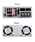 Built Tough Industrial Switching Power Supply With Short Circuit And Overload Protection For Heavy Machinery front and back views showing connections and cooling fans.
