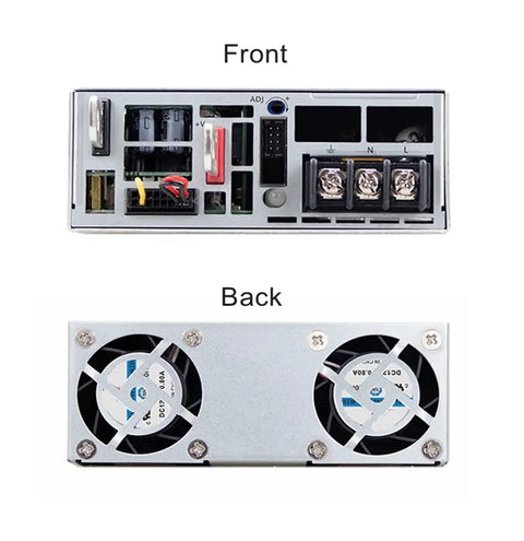 Built Tough Industrial Switching Power Supply With Short Circuit And Overload Protection For Heavy Machinery front and back views showing connections and cooling fans.