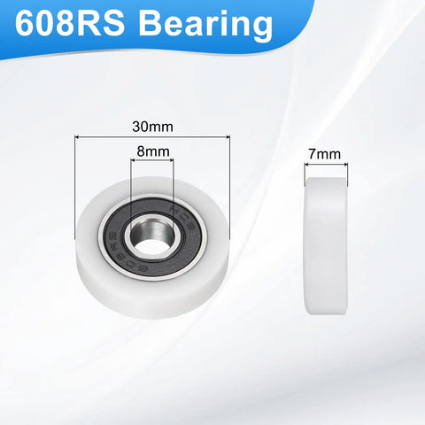 Set Of 4 White Roller Idler Bearing Pulleys 8X30X7Mm With Smooth 608RS Bearings For Quiet Conveyor Track Rolling Wheel Applications In Furniture Hardware Accessories And DIY Projects, showing 30mm diameter bearing.