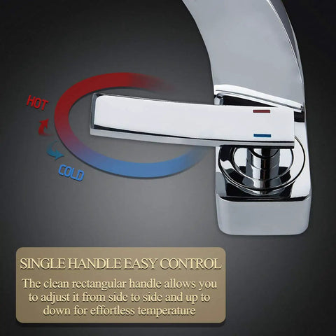 Close-up of chrome bathroom sink faucet with single hole mount, showing one handle design for hot and cold control.