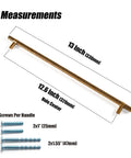 Antique Brass T Bar Cabinet Pulls Set Of 6 Knurled Zinc Alloy Handles With 12.6 Inch Center To Center Spacing measurement details