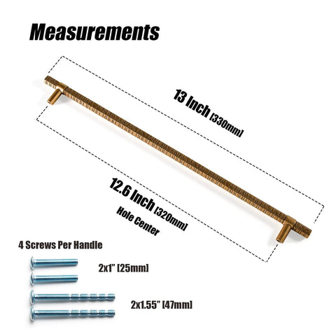 Antique Brass T Bar Cabinet Pulls Set Of 6 Knurled Zinc Alloy Handles With 12.6 Inch Center To Center Spacing measurement details