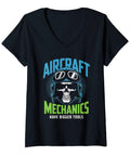 Women Aircraft Mechanic V Neck T Shirt With Bigger Tools Saying Aircraft Mechanics Have Bigger Tools For Aircraft Maintenance And Engine Repair Keeping Planes Safe And Flight Ready Tee, black tee with skull and goggles design.