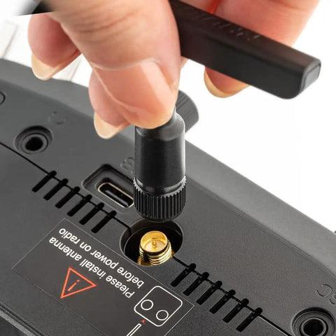 Close-up of Boxer 2.4G 16 Channel Radio Control Transmitter With Hall Effect Gimbals antenna installation