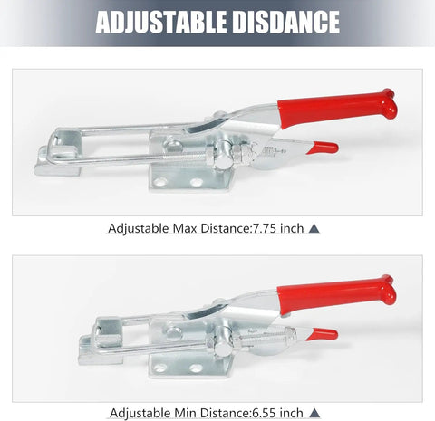 Heavy Duty Toggle Latch Clamp Set With 2000 Lbs Holding Capacity, adjustable locking latches, carbon steel, showing max and min distance