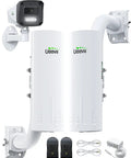 Long Range Wireless Bridge Kit with 3MP IP Camera for barns, farms, security; includes two CPE450 units, mounts, and cables.