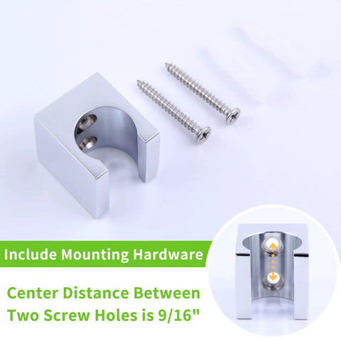 Heavy Duty Shower Head Holder Wall Mount in chrome brass with screws showing mounting hardware and screw hole spacing.