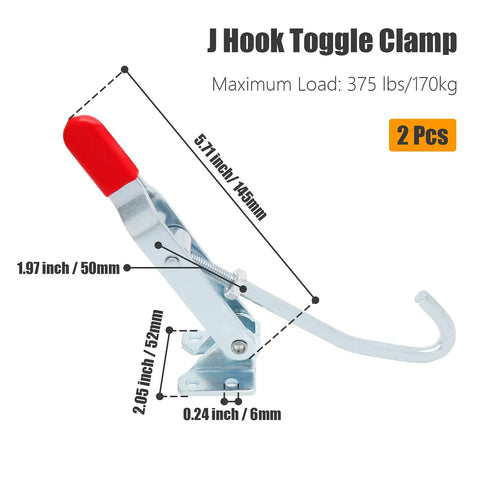 Two Pack J Hook Toggle Clamp Set, Heavy Duty Toggle Latch Clamp With Adjustable 375 LB Capacity, side view with dimensions