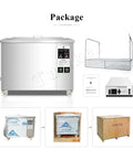 Industrial 264 Liter Ultrasonic Cleaner Built Like A Tank For Circuit Boards And Engines Crushes Tough Grease Burns Off Carbon Give Lithium Battery Shells Nuclear Clean Results In Minutes Flat package display with cleaner and accessories.