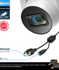 4K Analog Turret Outdoor Security Cam 8MP At 15fps With Coax BNC CCTV 65ft Night Vision 125 Degree Field Of View Built In Mic Weatherproof IP67 White DVR Not Included showing lens and cables