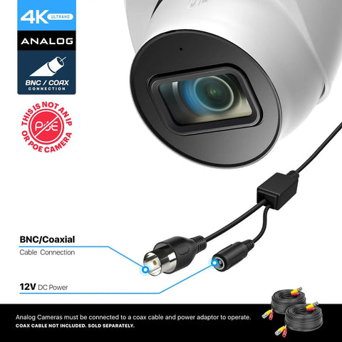 4K Analog Turret Outdoor Security Cam 8MP At 15fps With Coax BNC CCTV 65ft Night Vision 125 Degree Field Of View Built In Mic Weatherproof IP67 White DVR Not Included showing lens and cables