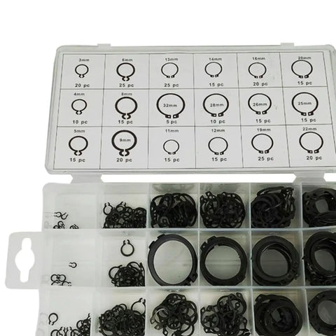 External Snap Ring Assortment Kit With 300 Pieces In 18 Sizes Black Metal Retaining Rings And Handy Storage Case For Industrial And Scientific Projects open case with labeled compartments