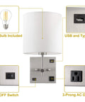 Bedside Wall Sconce With USB Port And AC Outlet, White Fabric Shade, Hardwired Mount Light For Bedroom Or Living Room, Hotel Decor, Bulb Included