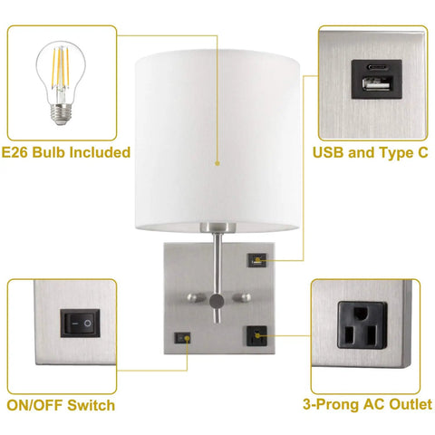 Bedside Wall Sconce With USB Port And AC Outlet, White Fabric Shade, Hardwired Mount Light For Bedroom Or Living Room, Hotel Decor, Bulb Included