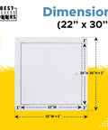 Rock Solid 22 By 30 Inch White Steel Access Panel With Smooth Concealed Hinge And No Hassle Screwdriver Latch For Drywall Ceilings shown with dimensions on a yellow background.