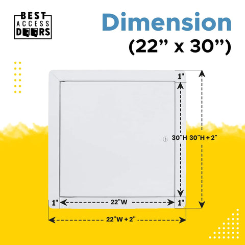 Rock Solid 22 By 30 Inch White Steel Access Panel With Smooth Concealed Hinge And No Hassle Screwdriver Latch For Drywall Ceilings shown with dimensions on a yellow background.