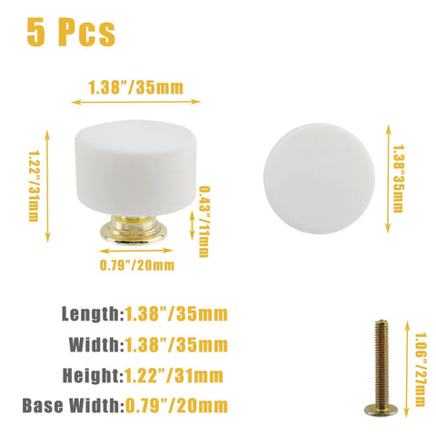 Premium Genuine White Marble Cabinet Knobs, Set Of Five Round Drawer Pulls For Dresser Or Kitchen Vanity with measurements