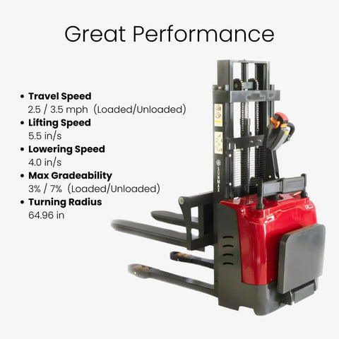 Heavy Duty Full Electric Pallet Stacker With 3300 Lb Capacity And 78 Inch Lift Height, side view with performance specs.