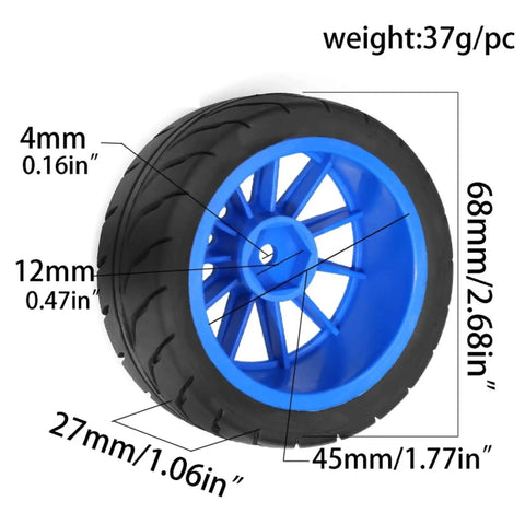 Four Piece Rubber RC Car Tire Wheel Hex Set For 1x10 Scale Racing Cars Compatible With TT01 TT01E TT02 TT02B TA06 XV01 XV02 PTG2 White Built Tough Impact Resistant Build For Smoother Ride And Superior Ground Contact On Any Track, blue wheel detail with dimensions