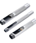 Pro Grade 3 Piece Leather Hole Punch Set with steel hollow punches for grommets 1/4 inch, 3/8 inch, 1/2 inch, shown individually