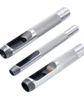 Three-Piece Grommet Hole Punch Set for Leatherworking, heavy duty steel hollow punches in 1/4, 3/8, 1/2 inch sizes, ideal leather craft tool.