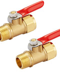 2 Pack brass mini ball valve set with red handle, 3/8 NPT Male to Female fittings, corrosion resistant and high temperature tolerant