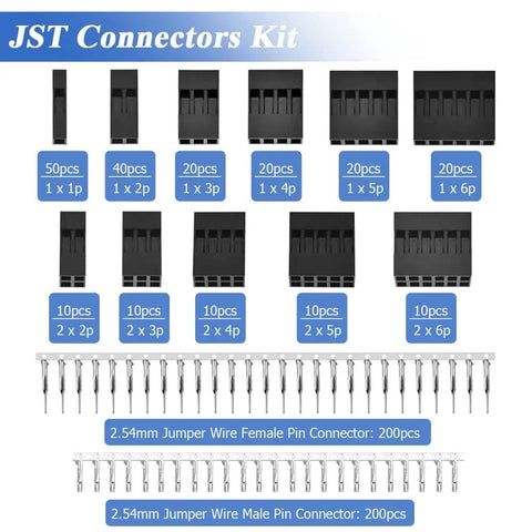 620 Piece Dupont Crimp Pin Connector Kit with 2.54mm pitch JST SM style sockets, adapters, and pins for DIY projects