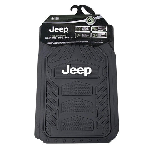 Jeep Weatherpro Four Piece Floor Mats Set Universal Fit for Most Vehicles Black Heavy Duty Floor Mats Easy Clean Durable Rubber