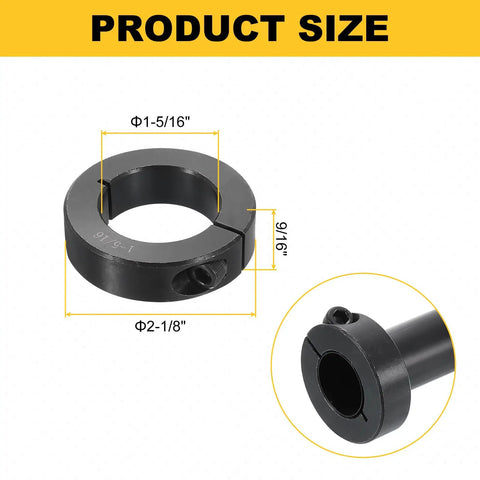 Beefy Heavy Duty Split Shaft Collar Set, Four Pack, 1-5/16 In Bore, 2-1/8 In OD, 9/16 In Thick, One-Piece Clamping Collar With Set Screw, Black Oxide Steel, Built Tough For DIY Projects size diagram with 1-5/16 bore and 2-1/8 OD