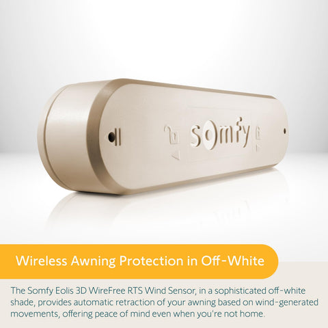 Eolis 3D WireFree RTS Wind Sensor for Awnings, Off White Finish, showcasing wireless unit from side angle