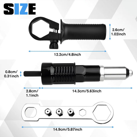 Pro Rivet Gun Adapter Kit For Cordless Drills showing sizes of handle grip, adapter, and wrench with four jaw heads.