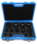 Garage Ready 13 Piece Axle Nut Socket Kit Featuring Hella Tough Exterior in blue case, black sockets arranged for easy access.