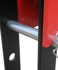 Close-up of 20 Ton Air Powered Hydraulic Shop Press featuring deluxe sliding carriage and gauge alignment.