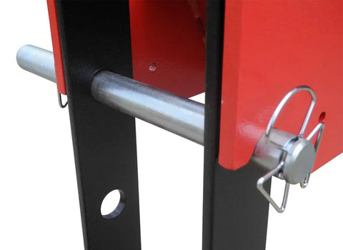Close-up of 20 Ton Air Powered Hydraulic Shop Press featuring deluxe sliding carriage and gauge alignment.