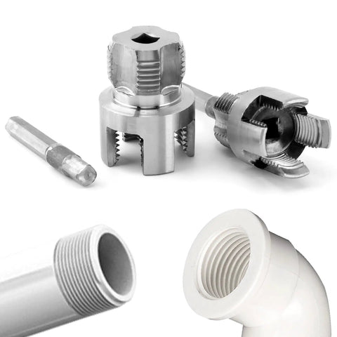 2 In 1 Pipe Threading Tool For Internal And External Threads With Dual End One Half Inch NPT And Three Quarter Inch NPT Dies Works With Power Drills For Fast DIY Plumbing Rethreads No Tool Swapping, shown with metal and PVC threaded pipes.