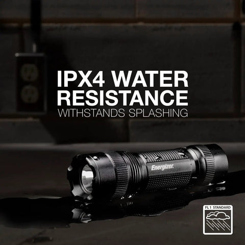 Heavy Duty Tactical LED Flashlight For EDC, Camping And Emergencies, showing IPX4 water resistance and rugged build