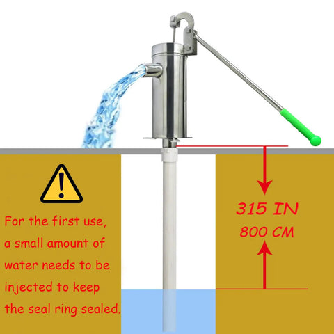 Stainless Steel Manual Well Pump For Home And Garden Water Suction Hand Pump Pitcher Pump For Wells Up To 26 Feet Durable Groundwater Pump With Easy Crank And Food Grade Safety in use, showing water flow.