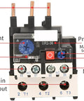 Labeled NR2-36 Electric Thermal Overload Relay showing buttons and connections for motors 23 to 32A, 690V insulation, phase break guard.