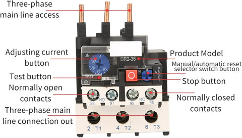 Labeled NR2-36 Electric Thermal Overload Relay showing buttons and connections for motors 23 to 32A, 690V insulation, phase break guard.