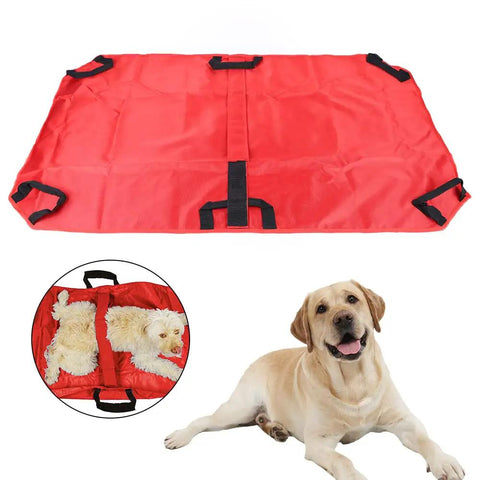 Heavy Duty Foldable Pet Stretcher With Secure Buckles Emergency Dog Carrier Transport Cot For Vet Runs Keeps Calm During Emergencies Supports 242 Pounds Solid As A Rock For Big Guys And Easy Hauling Red with handles and straps.