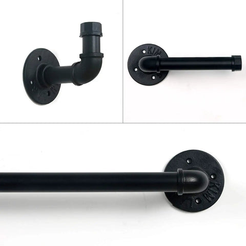 Industrial Pipe Towel Rack Set With 12 Inch And 24 Inch Bars Toilet Paper Holder And Robe Hook Rustic Matte Black Wall Mounted Bath Accessory Kit For Farmhouse Bathroom Decor, showing close-up of towel bars and robe hook.