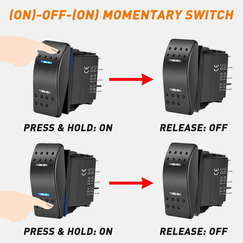 7 Pin Momentary DPDT Rocker Switch On Off On Waterproof 12V 20A 24V 10A With Jumper Wires For Winch Trucks RVs Boats Cars Blue Heavy Duty Panel Mount For Auto Off Road Marine Applications, press and hold on