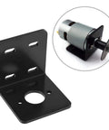 L-shaped black metal motor mounting bracket with base holes; inset shows 12V/24V DC Micro 775 motor installed.