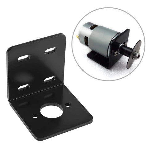 L-shaped black metal motor mounting bracket with base holes; inset shows 12V/24V DC Micro 775 motor installed.