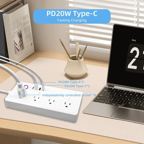 Slick Smart Power Strip With Four Independently Controlled AC Outlets For A Clean Home Office Setup And Total No Sweat Pairing With Apple Home Alexa And Google Assistant with USB and Type-C ports