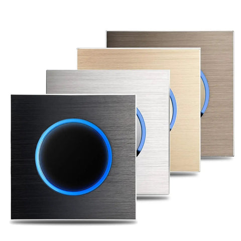 LED Round Button Push-Return Wall Light Switch 1-4 Gang 86x86mm Brushed Aluminum Panel, 2 Way, Fireproof in Gold Silver Black Brown