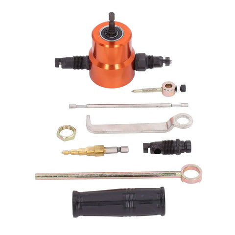 360 Degree Double Head Metal Cutter Tool With Electric Nibbler Attachment parts laid out for sheet metal cutting and drilling.