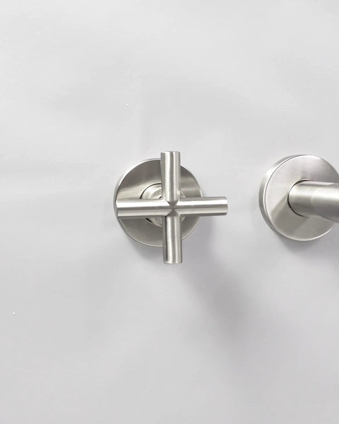 Close-up of brushed nickel finish handle for Wall Mounted Tub Filler Faucet With Two Handles, Brushed Nickel Finish, Extra Long 13 Inch Spout