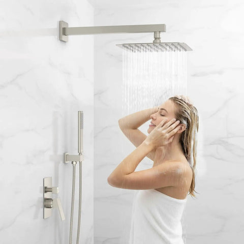 Woman enjoying 10 Inch Overhead Rain Shower System With Handheld Brushed Nickel Shower Faucet Set High Pressure Rainhead